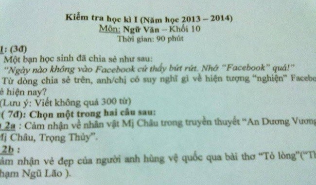 Mới nhất, một đề thi Ngữ văn lớp 10 đã đưa căn bệnh "nghiện" Facebook của giới trẻ vào câu nghị luận xã hội. Đề thi được cho là phù hợp với giới trẻ hiện nay, tạo điều kiện cho học sinh thể hiện những quan điểm, phân tích cá nhân của mình về một hiện tượng phổ biến ngày nay.